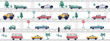 © dezignstock - a seamless, trend pattern of cars. Transport background for children. A template with doodles of toy cars, road signs. for print, paper, banner. art vector illustration.