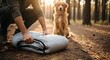 © ArtSync Studio - Man and Dog Preparing for Camping Trip in a Forest During Sunset