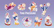 © Victoria Sergeeva - Time pressure stress sticker set with people, clocks, documents, deadlines, multitasking scenes, daily rush moments, burnout states, modern work and life pressure. Cartoon vector illustration.