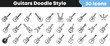 © Vectoravec - A charming set of 30 hand-drawn guitar icons in a casual doodle style, ideal for various creative projects, music-themed designs, and illustrative representations of musical instruments.