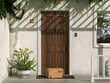 © AAUB - 3D rendering of a cardboard parcel box with a recycle symbol left on the doorstep of a modern house, concept for e-commerce delivery and shipping services.