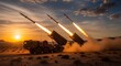 © javanese - Three missile launches erupt from a mobile launcher at sunset in a desert landscape