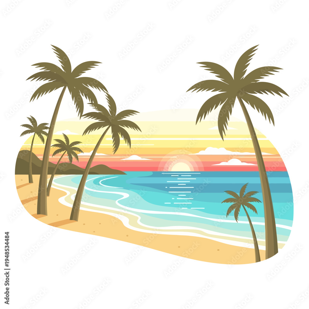 Tropical beach sunset with palm trees and ocean waves Stock Vector ...
