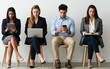 © joeycheung - Four professionals sit in a line each engrossed with personal devices.