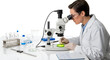 © Online - Scientist wearing safety goggles examines a petri dish under a laboratory microscope in a clean white setting.