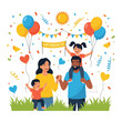 © Kiu - Family celebrating with balloons, confetti, a sunny day, and friendship banner