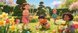 © Anik - Joyful diverse children hunting for colorful Easter eggs in a lush spring garden with blooming tulips and daffodils, 3D animation style illustration of a happy family holiday celebration.
