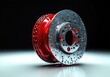 © btiger - shiny drilled silver brake disc with red anodized hub on reflective surface, ventilated circular rotor conveying high-performance precision and sleek industrial style