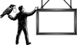 © Vexora Studio - Woodcut illustration of a man, a raven and a blank sign ideal fo