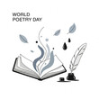 © Malintha Studio - World Poetry Day Creative Writing Concept with Open Notebook Quill Pen and Flowing Abstract Thoughts Vector Illustration