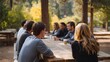 © Bussakon - A diverse group of people in casual attire gathered around a picnic table outdoors engaged in discussion