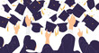 © ElsaValentina - Seamless black and white vector illustration of a graduate student silhouette holding a diploma and cap to celebrate university education success