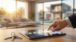 © Eve - Luxury real estate agent rating and customer satisfaction concept. Professional hand touching five stars on digital tablet with modern house interior and keys on wooden desk background.