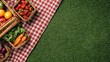 © faki - Fresh produce in woven baskets arranged on a checkered cloth on grass