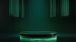 © tow - A sleek black podium set against a deep emerald green background illuminated by a focused spotlight, creating a luxurious and mysterious ambiance for exclusive product presentations.