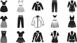 © Tanvir - Clothing Icon Grid – Black and White Background Vector Set of 16 Garment Symbols for Fashion and Wardrobe
