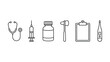 © Aufa - A collection of medical tools and healthcare equipment icons in a simple line art style.
