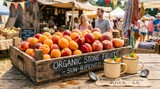 Abundant Organic Stone Fruits and Fresh Juice Display at Sunny Outdoor Market