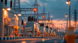 © pimpakarn - Electrical Substation Power Grid Infrastructure at Dusk with Orange and Blue Sky