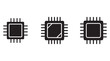 © BIBI - Three black and white computer processor chip icons with various pin configurations and damaged microchip on white background  electronic components