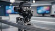 © Justlight - Close medium shot of a robotic camera moving along a straight rail highlighting precise gear details with a blurred newsroom backdrop.