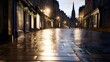 © Matthew - Rain-slicked street glows under warm streetlights, with distant spire framed by historic buildings