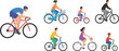© MDJAKIRUL - Set of diverse people riding bicycles including professional cyclists families children and city commuters in flat vector design style for outdoors.