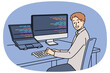 © Dzianis Vasilyeu - Man programmer types code and looks at camera, sitting at table with computer and laptop. Successful guy programmer develops software or application, working in team with UI or UX designers