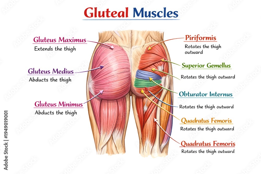 Detailed Human Anatomy Diagram of Gluteal Muscles and Deep Hip Rotators