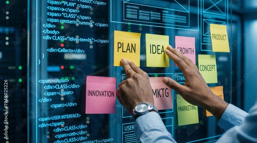 Hands placing sticky notes with business strategy ideas on a ...