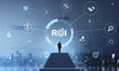 © ImageFlow - Business leader on steps viewing ROI interface above city skylin