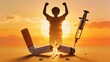 © Tri - Silhouette of victorious person raising arms at sunset beside syringe, symbolizing overcoming addiction, drug recovery, rehabilitation success, mental strength, and hope for a healthier future.