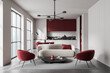 © ImageFlow - Contemporary interior living room and kitchen space featuring red and white design details with soft daylight illuminating the modern architecture.'' 3D Rendering