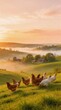 © Fluffy - Free range chickens walking on green meadow at sunrise in rural countryside with misty hills and farm village in background, organic farming and sustainable agriculture concept