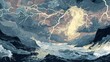 © Biancaart - Dramatic Storm Over Ocean: Lightning Strikes, Turbulent Waves, Artistic Illustration.