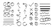 © VectorHive Studio - Hand drawn doddle set. Line black marker hand drawn pen brush stroke underline check. Doodle check, cross, star oval round icon sign symbol texture rough.