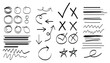 © VectorHive Studio - Arrow, circle, underline marker hand pen set. Doodle check, cross, star oval round icon sign symbol texture rough. Vector illustration.