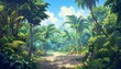 © V Art - Lush tropical jungle landscape with vibrant greenery and scattered sunlight illuminating the serene environment