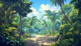 Lush tropical jungle landscape with vibrant greenery and scattered sunlight illuminating the serene environment