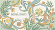 © Roydo - Abstract Couple Embracing in Leaf Shield for Sexual Health Awareness Concept Surrounded by Botanical Floral Elements on Cream Background in Flat Vector Style