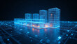© Rhony - Glowing blue high tech 3D architectural framework of a modern building complex with warm interior lighting on a dark background, representing futuristic digital design and urban planning.