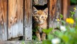 © Kari - Curious ginger kitten peeks from wooden structure amidst flowers
