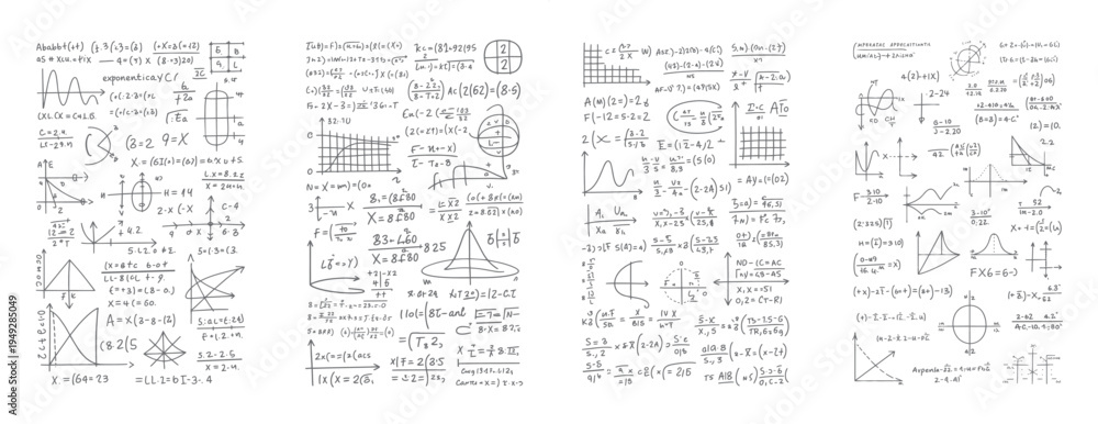 Hand drawn mathematical equations graphs and diagrams on white ...