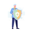 © Hendra - Businessman Holding Shield with Lock and Checkmark Icon, Security and Protection Concept