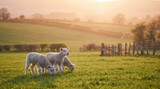 Photograph of three adorable young lambs grazing peacefully in a vibrant green pasture at sunset.