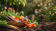 © Rowdie - Freshly harvested organic vegetables and edible flowers in a basket on rich soil in a sunny garden.