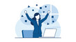 © MinixT - A businesswoman in a blue suit raises her arms in celebration while sitting at her desk with a laptop.
