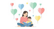 © wiwa - Mother and son reading a book together surrounded by colorful heart-shaped balloons, symbolizing love and education.