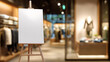 © A2Z AI  - Blank white canvas on wooden easel stand in stylish clothing store, soft focus background, copy space for message or advertisement