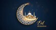 © Nida Daniyal - Elegant Islamic crescent moon with mosque and 'Eid Mubarak' text on a dark blue background with sparkling lights, symbolizing Islamic celebrations and blessings